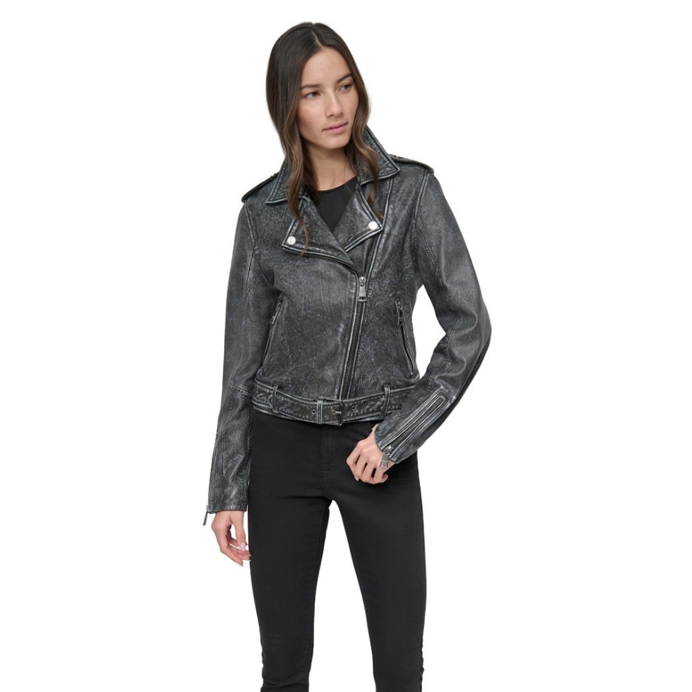 DKNY Jeans Charcoal Leather Moto Jacket - Picture 6 of 16